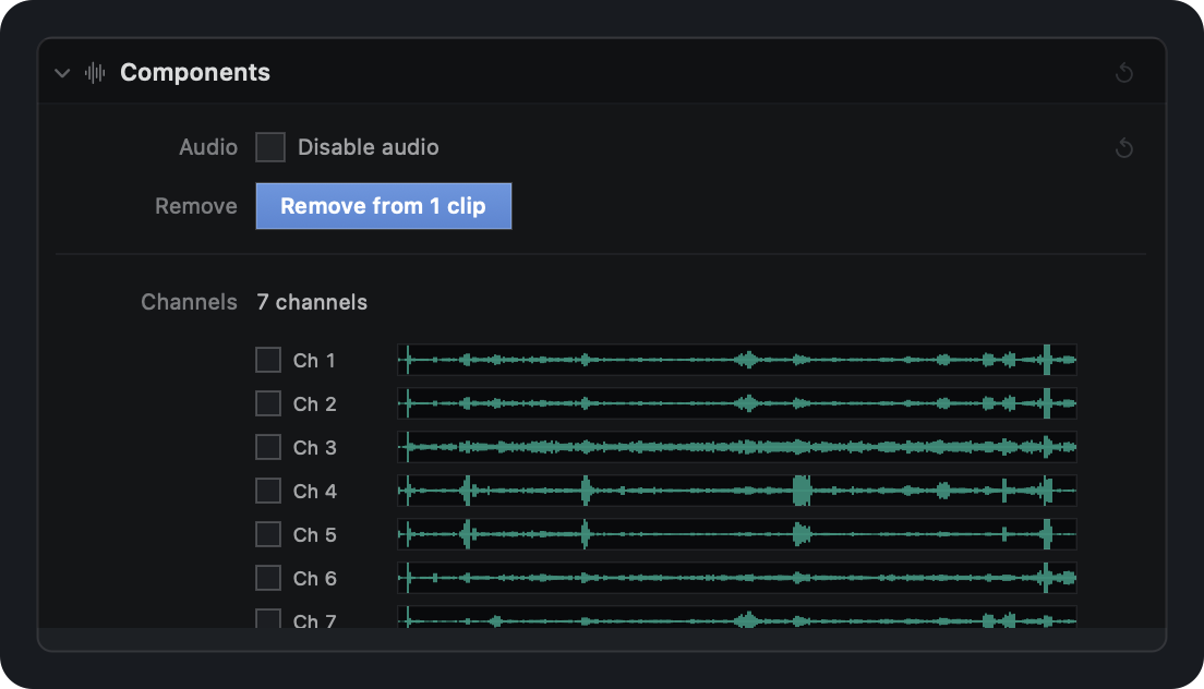 The CLIP tab listing a recorder file as seven channels, each with its own waveform and tick box