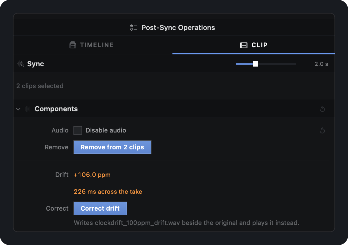 The CLIP tab reporting Drift +106.0 ppm and 226 ms across the take, with a Correct drift button and a note naming the corrected file it writes