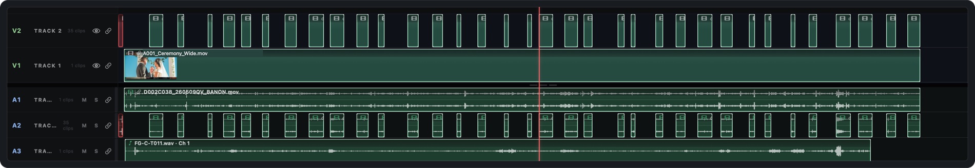 Editor timeline: V2 and V1 video tracks above the divider, A1 to A5 below, with a seven-channel recorder file broken out into per-channel lanes