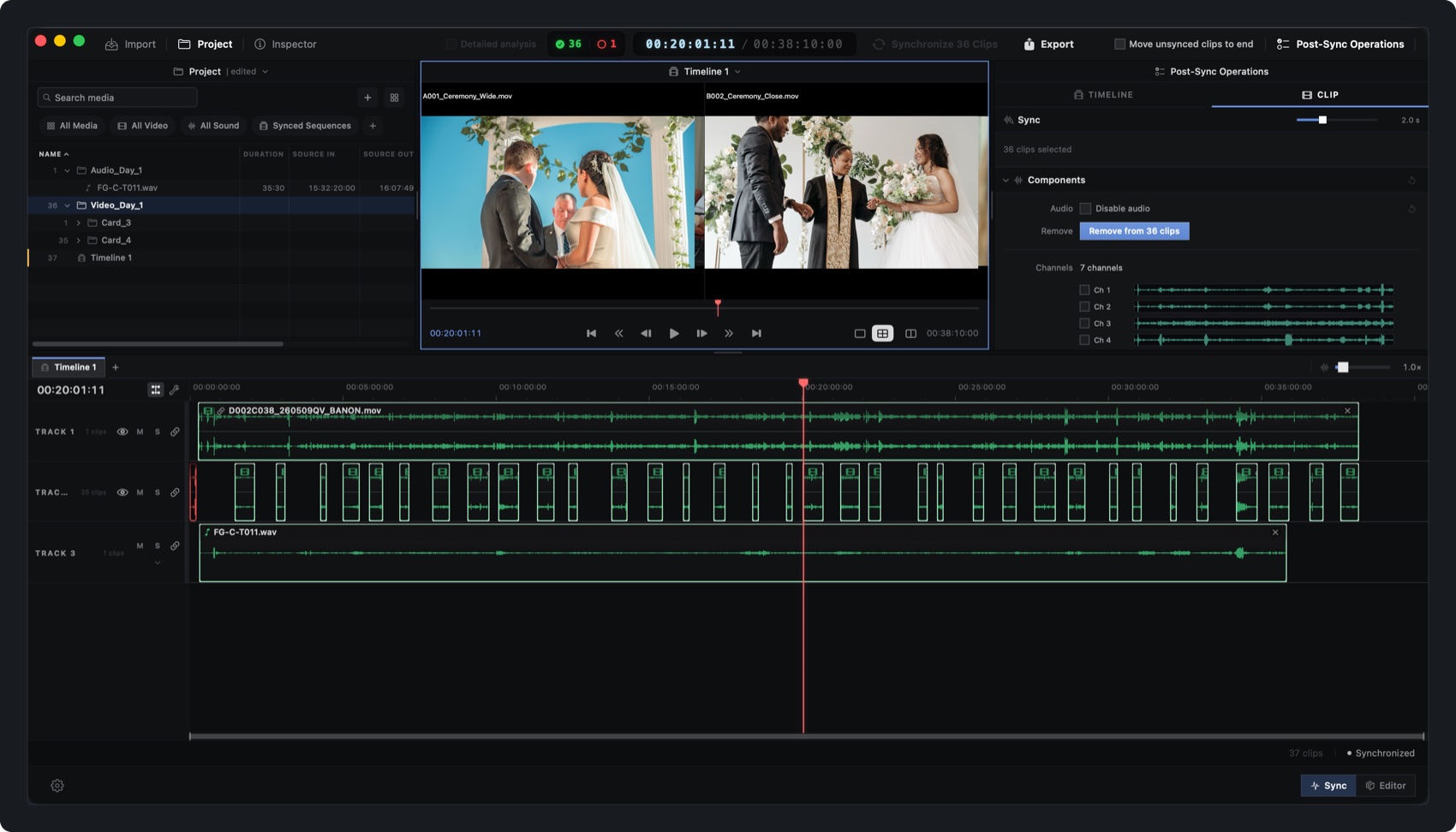 The multicam grid preview showing two synced camera angles of the same interview sitting on the same frame