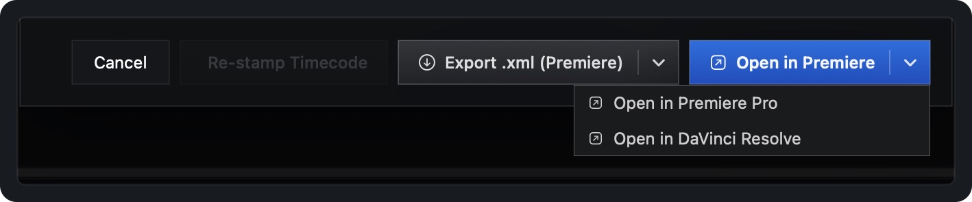 The Open in Premiere split button expanded to show Open in Premiere Pro and Open in DaVinci Resolve