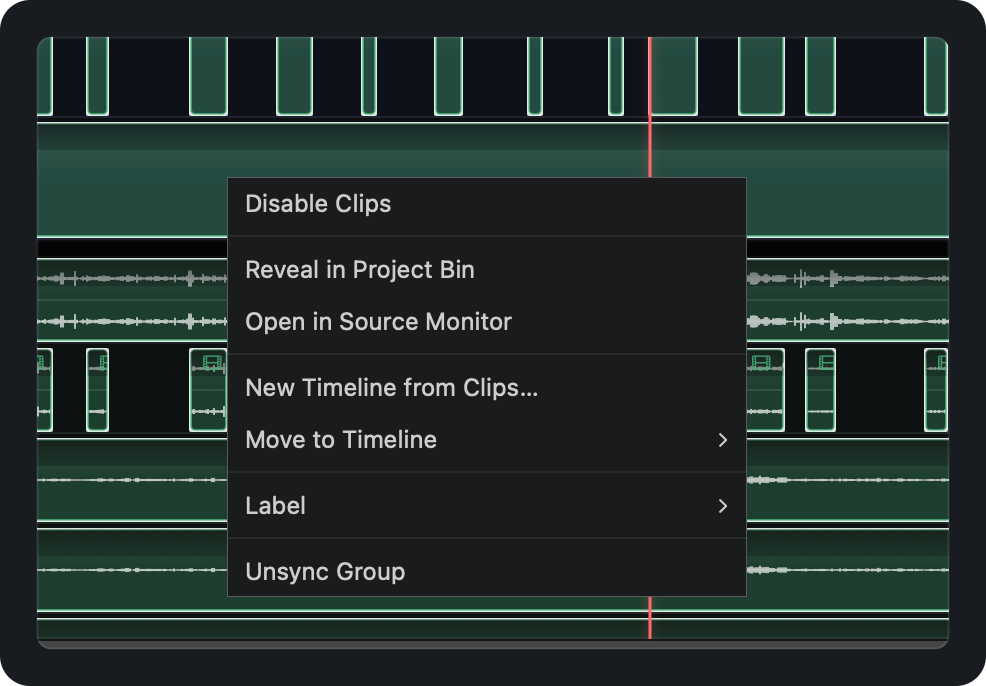 Right-click menu over a synced group: Disable Clips, Reveal in Project Bin, Open in Source Monitor, New Timeline from Clips, Move to Timeline, Label and Unsync Group