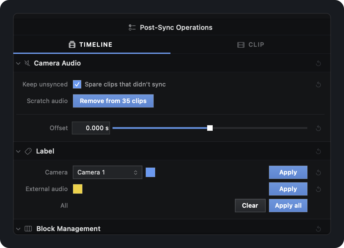 The Post-Sync Operations pane: Camera Audio with a keep-unsynced tick box, a remove-from-35-clips button and an offset slider, above the Label section