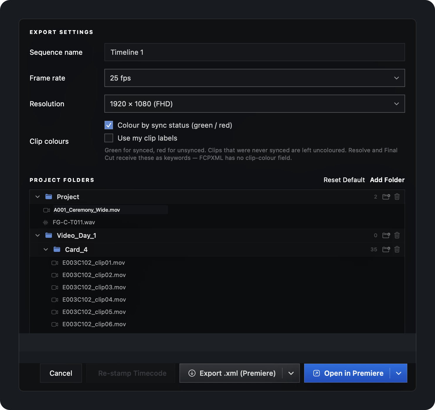 The export sheet: sequence settings and clip-colour options above a nested project folder tree, with Export .xml and Open in Premiere below