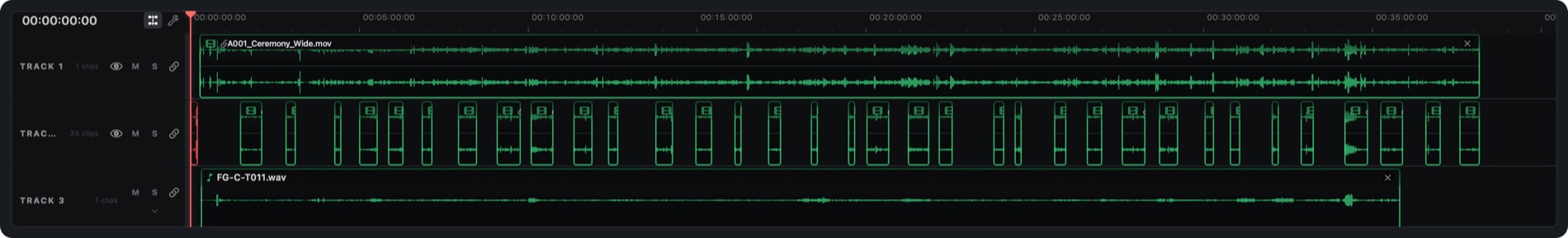 Sync timeline: three tracks, each one row, with every clip sitting at its real synced offset
