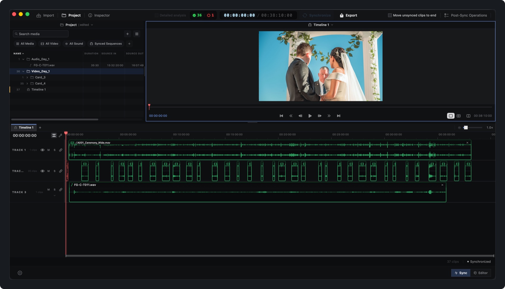 A synced PrePost Sync timeline: three tracks of green synced clips across 38 minutes, with 36 synced and 1 unsynced counted in the header bar