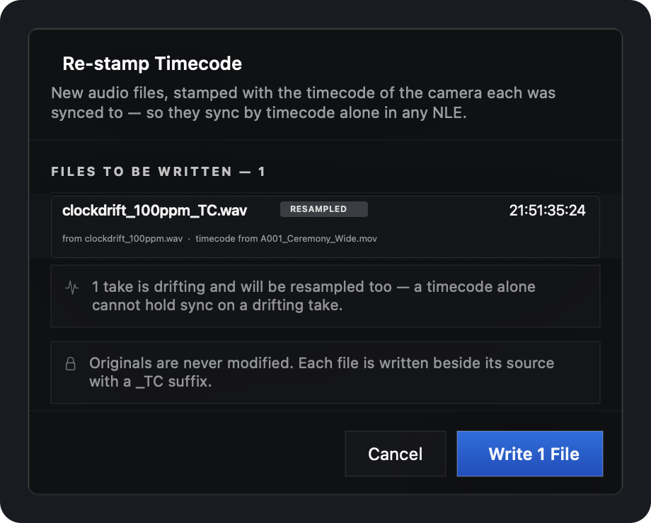 The Re-stamp Timecode review panel listing clockdrift_100ppm_TC.wav marked RESAMPLED with its target timecode, and the note that originals are never modified