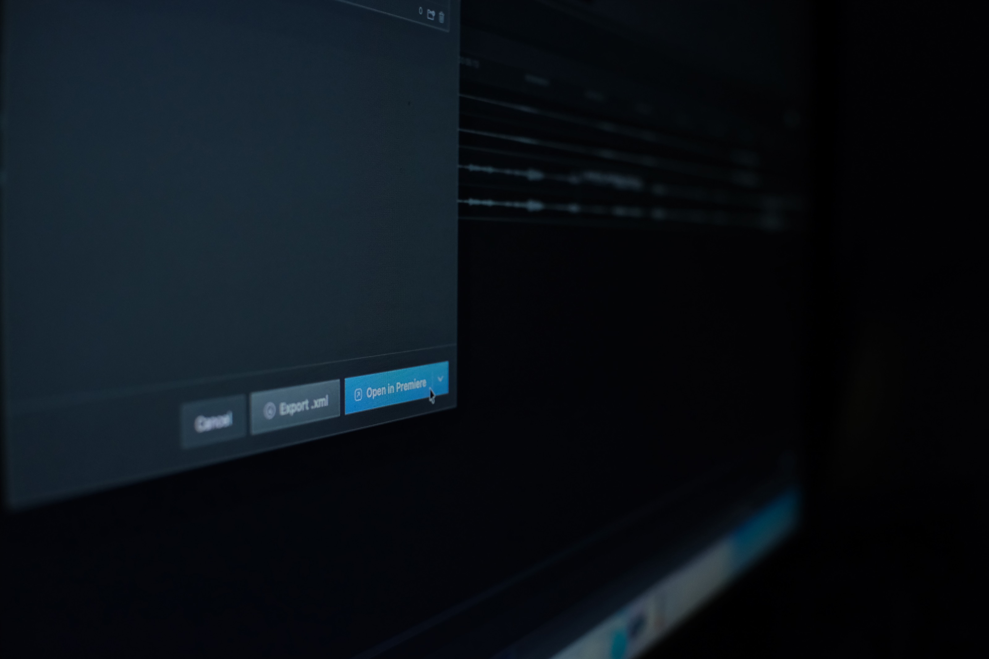 Export panel with Export .xml alongside the highlighted Open in Premiere button